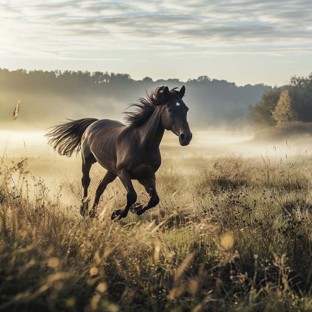 umělá inteligence obrázky - louka a cválající kůň